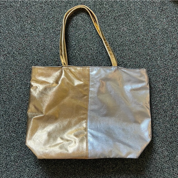 Color-block Shiny Metallic Silver & Gold Medium Large Tote Bag Pockets Laptop - Picture 3 of 16